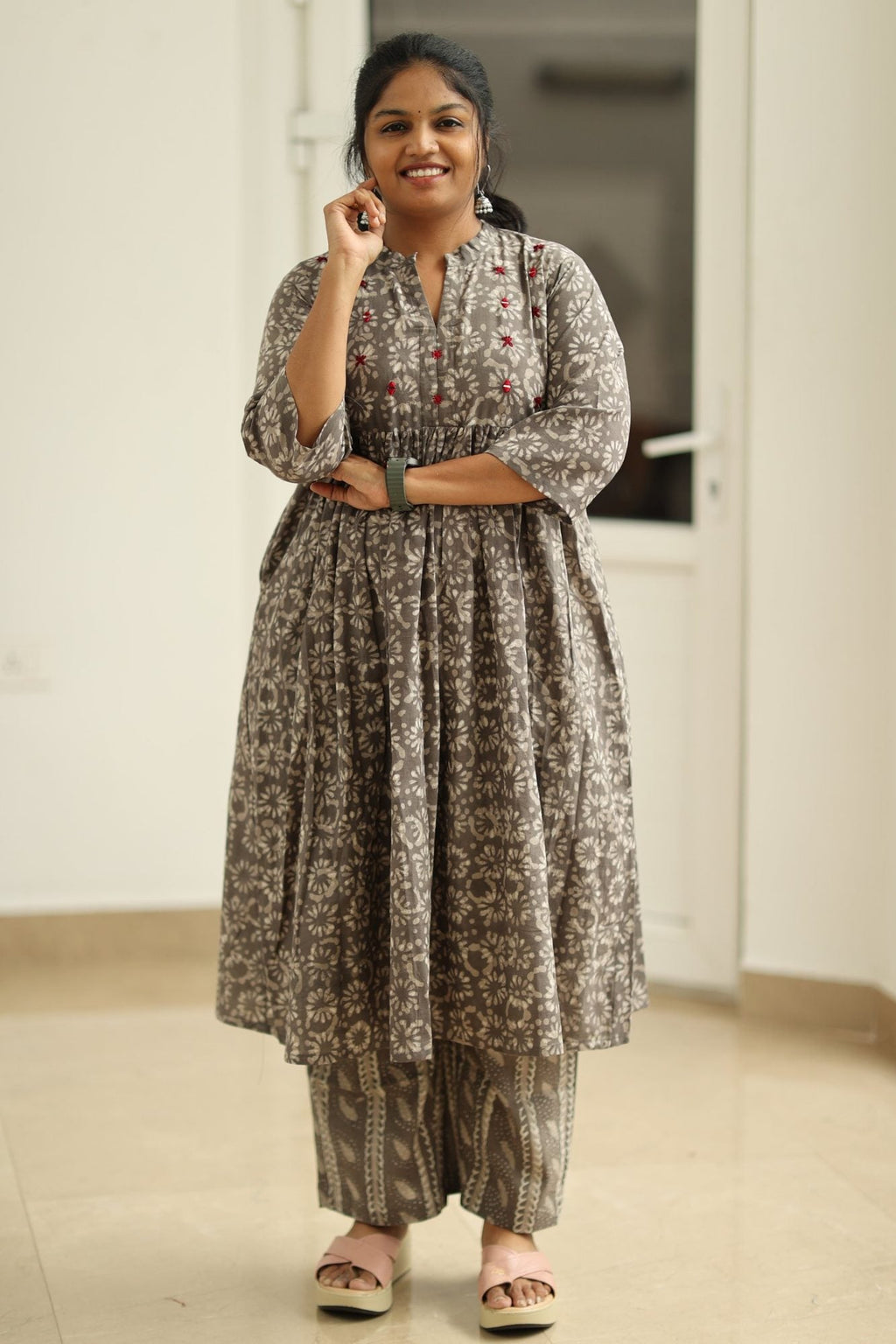 Earl Grey Cherry Mirror Work 30+ Women Everyday Office Kurta (Top + Bottom) | MAGI0060