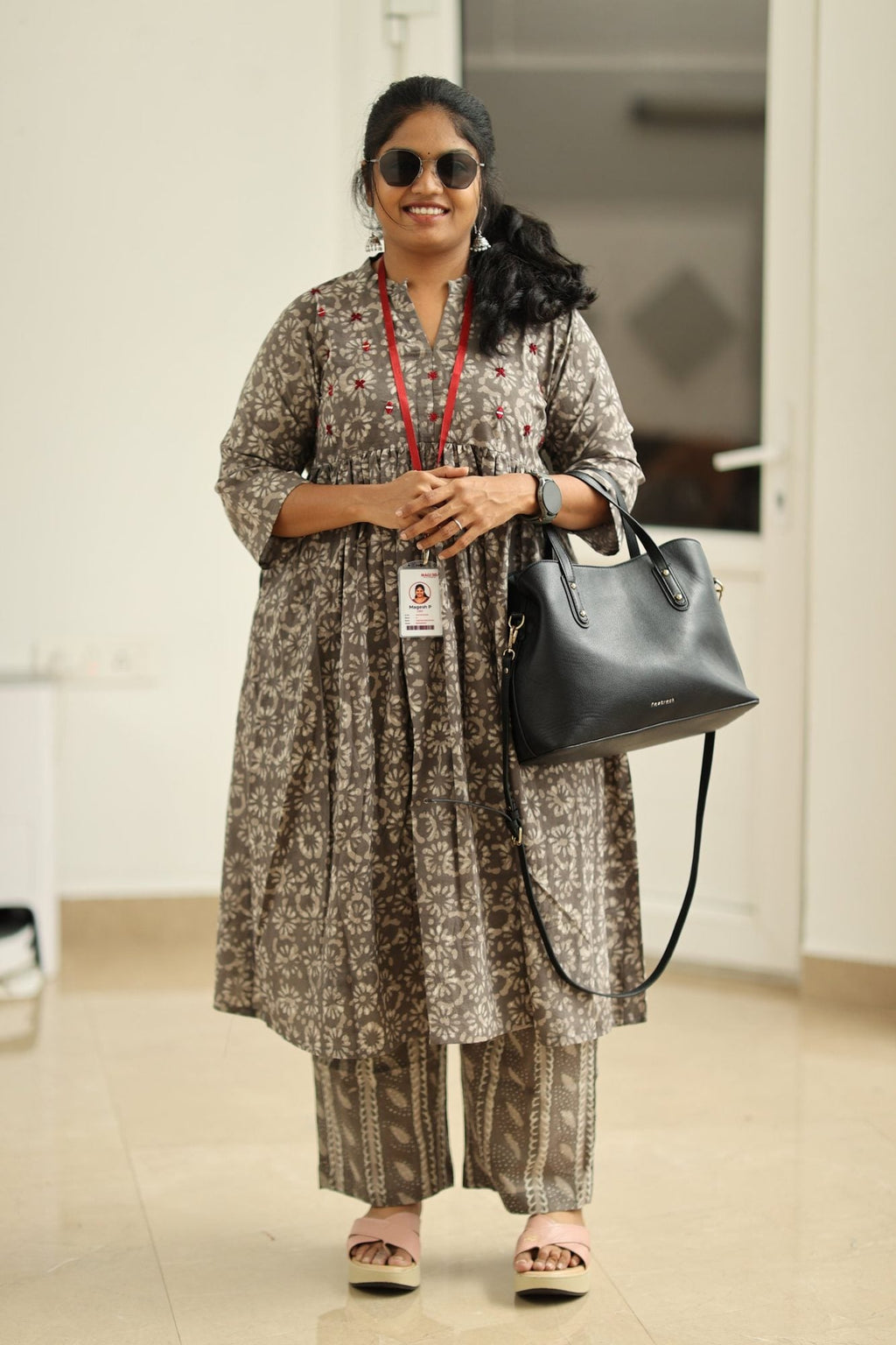 Earl Grey Cherry Mirror Work 30+ Women Everyday Office Kurta (Top + Bottom) | MAGI0060