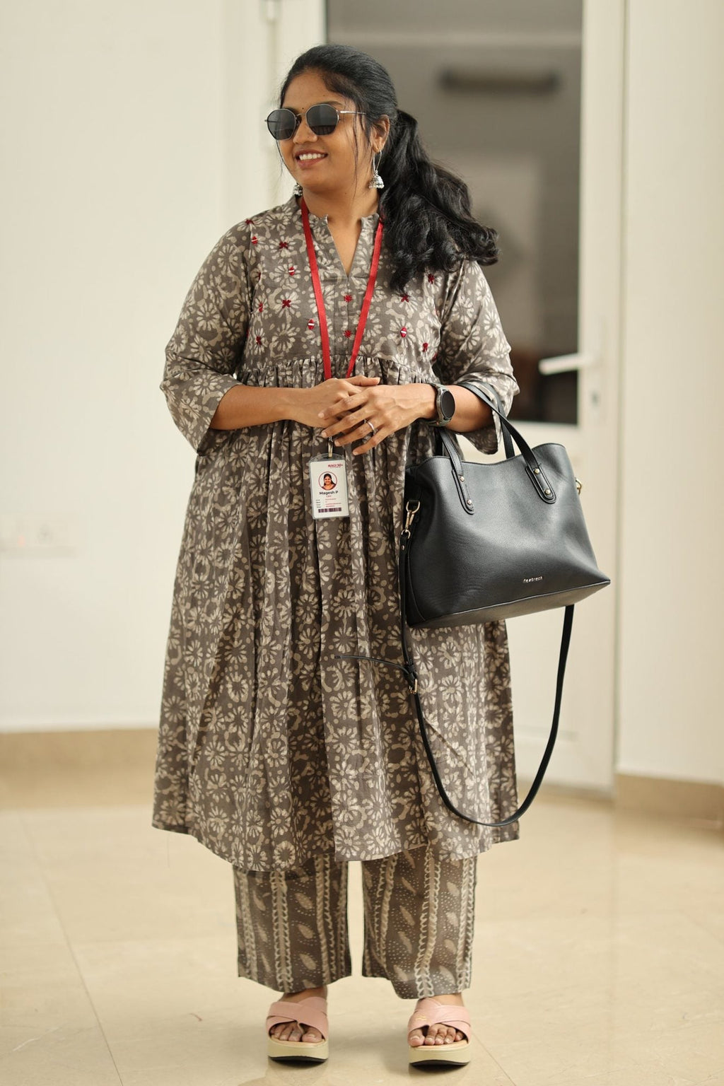 Earl Grey Cherry Mirror Work 30+ Women Everyday Office Kurta (Top + Bottom) | MAGI0060