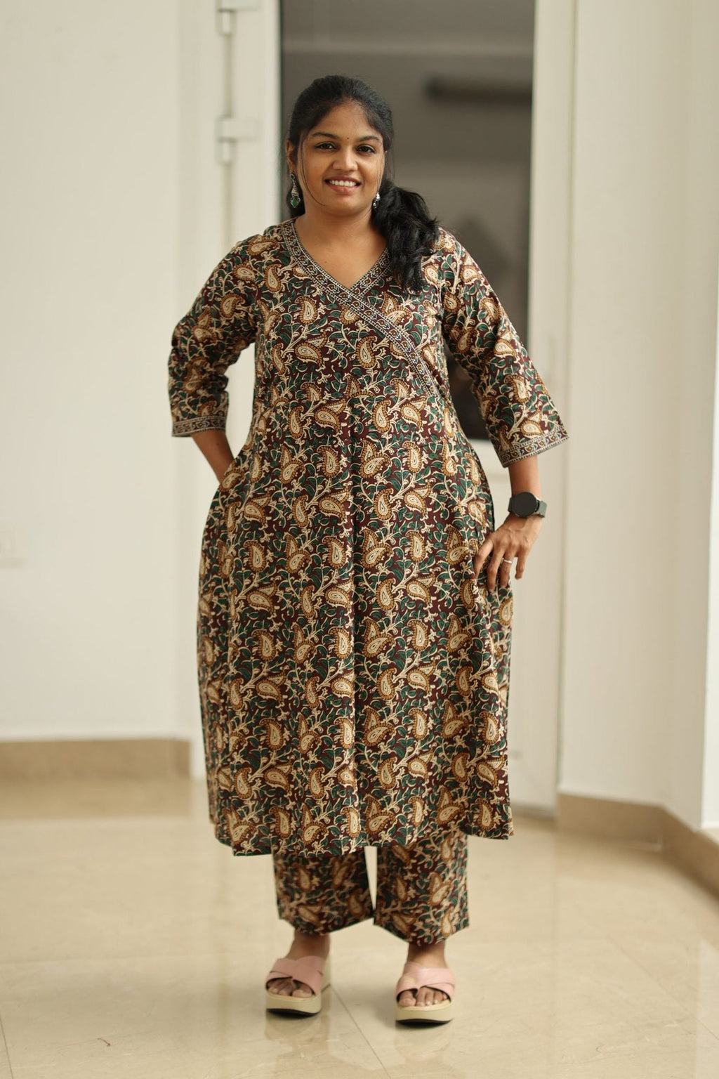Coffee Caramel Kalamkari Angrakha 30+ Women Everyday Office Kurta (Top + Bottom) | MAGI0061