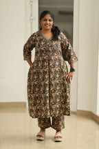 Coffee Caramel Kalamkari Angrakha 30+ Women Everyday Office Kurta (Top + Bottom) | MAGI0061