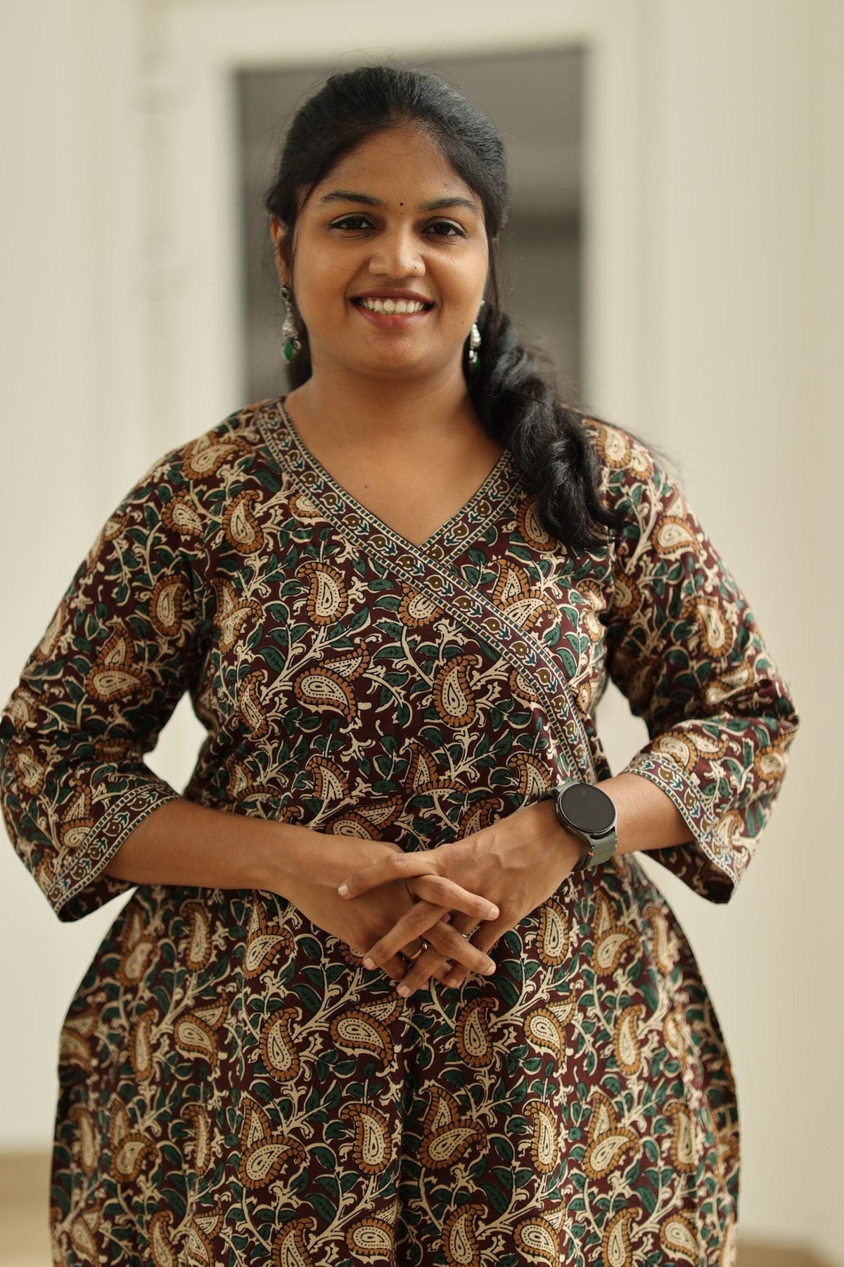 Coffee Caramel Kalamkari Angrakha 30+ Women Everyday Office Kurta (Top + Bottom) | MAGI0061