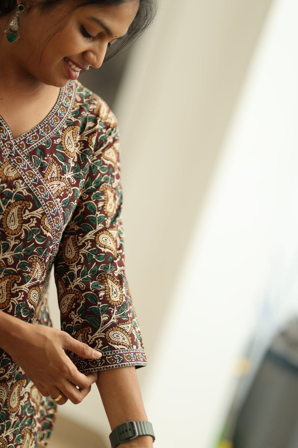 Coffee Caramel Kalamkari Angrakha 30+ Women Everyday Office Kurta (Top + Bottom) | MAGI0061