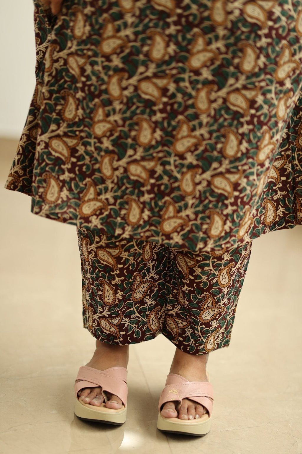 Coffee Caramel Kalamkari Angrakha 30+ Women Everyday Office Kurta (Top + Bottom) | MAGI0061