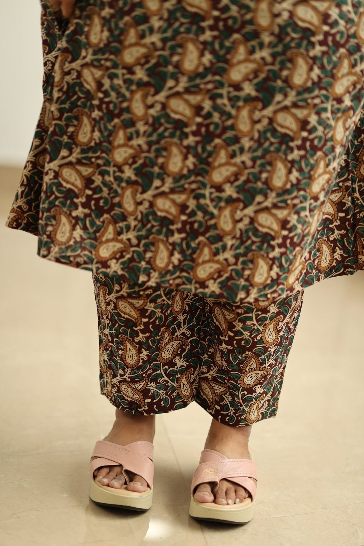 Coffee Caramel Kalamkari Angrakha 30+ Women Everyday Office Kurta (Top + Bottom) | MAGI0061