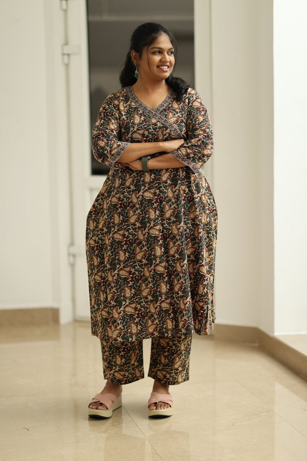 Coffee Caramel Kalamkari Angrakha 30+ Women Everyday Office Kurta (Top + Bottom) | MAGI0061