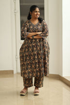 Coffee Caramel Kalamkari Angrakha 30+ Women Everyday Office Kurta (Top + Bottom) | MAGI0061