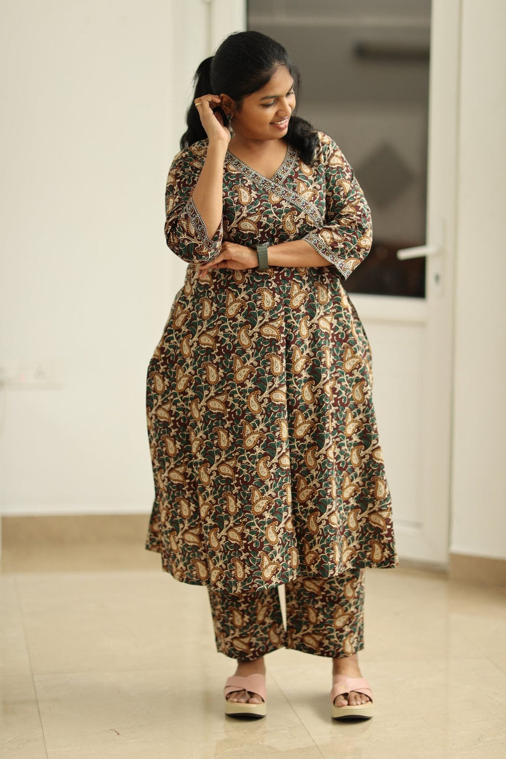 Coffee Caramel Kalamkari Angrakha 30+ Women Everyday Office Kurta (Top + Bottom) | MAGI0061