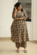 Coffee Caramel Kalamkari Angrakha 30+ Women Everyday Office Kurta (Top + Bottom) | MAGI0061