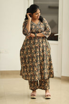 Coffee Caramel Kalamkari Angrakha 30+ Women Everyday Office Kurta (Top + Bottom) | MAGI0061