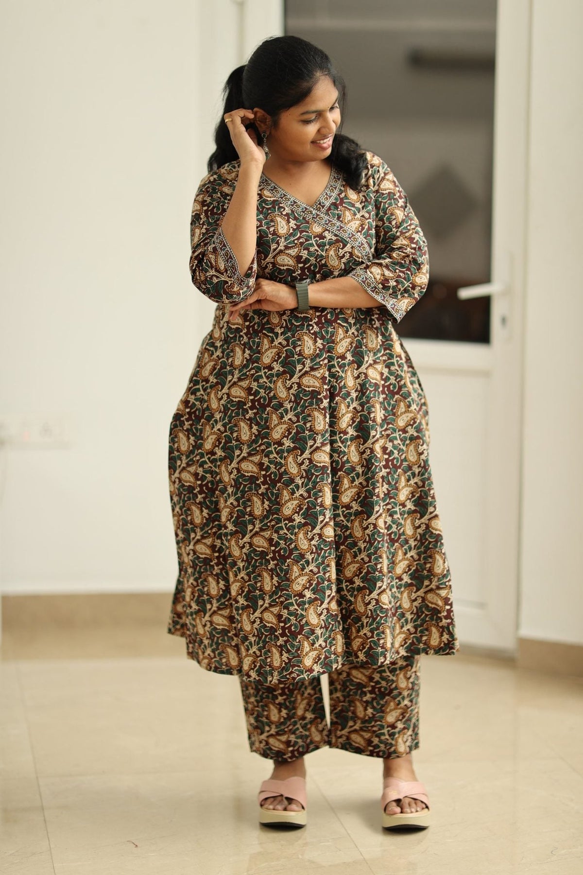 Coffee Caramel Kalamkari Angrakha 30+ Women Everyday Office Kurta (Top + Bottom) | MAGI0061