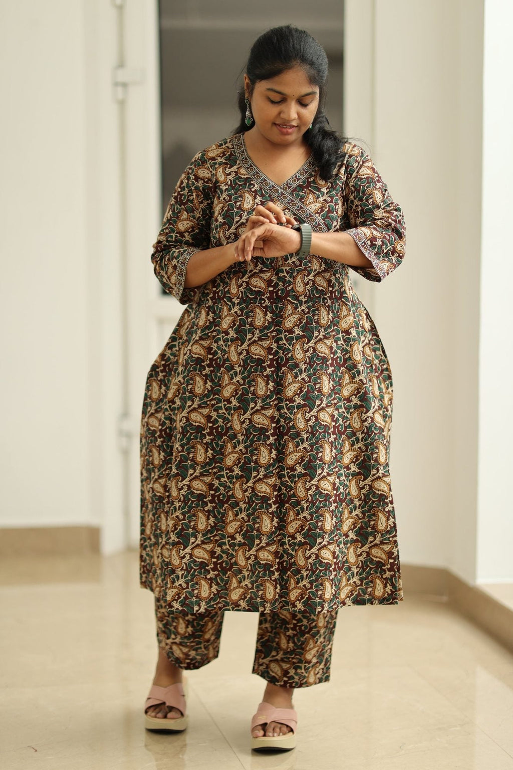 Coffee Caramel Kalamkari Angrakha 30+ Women Everyday Office Kurta (Top + Bottom) | MAGI0061