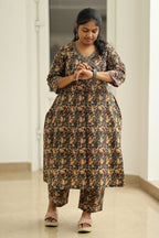 Coffee Caramel Kalamkari Angrakha 30+ Women Everyday Office Kurta (Top + Bottom) | MAGI0061
