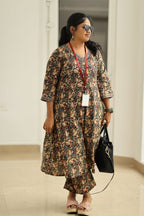 Coffee Caramel Kalamkari Angrakha 30+ Women Everyday Office Kurta (Top + Bottom) | MAGI0061