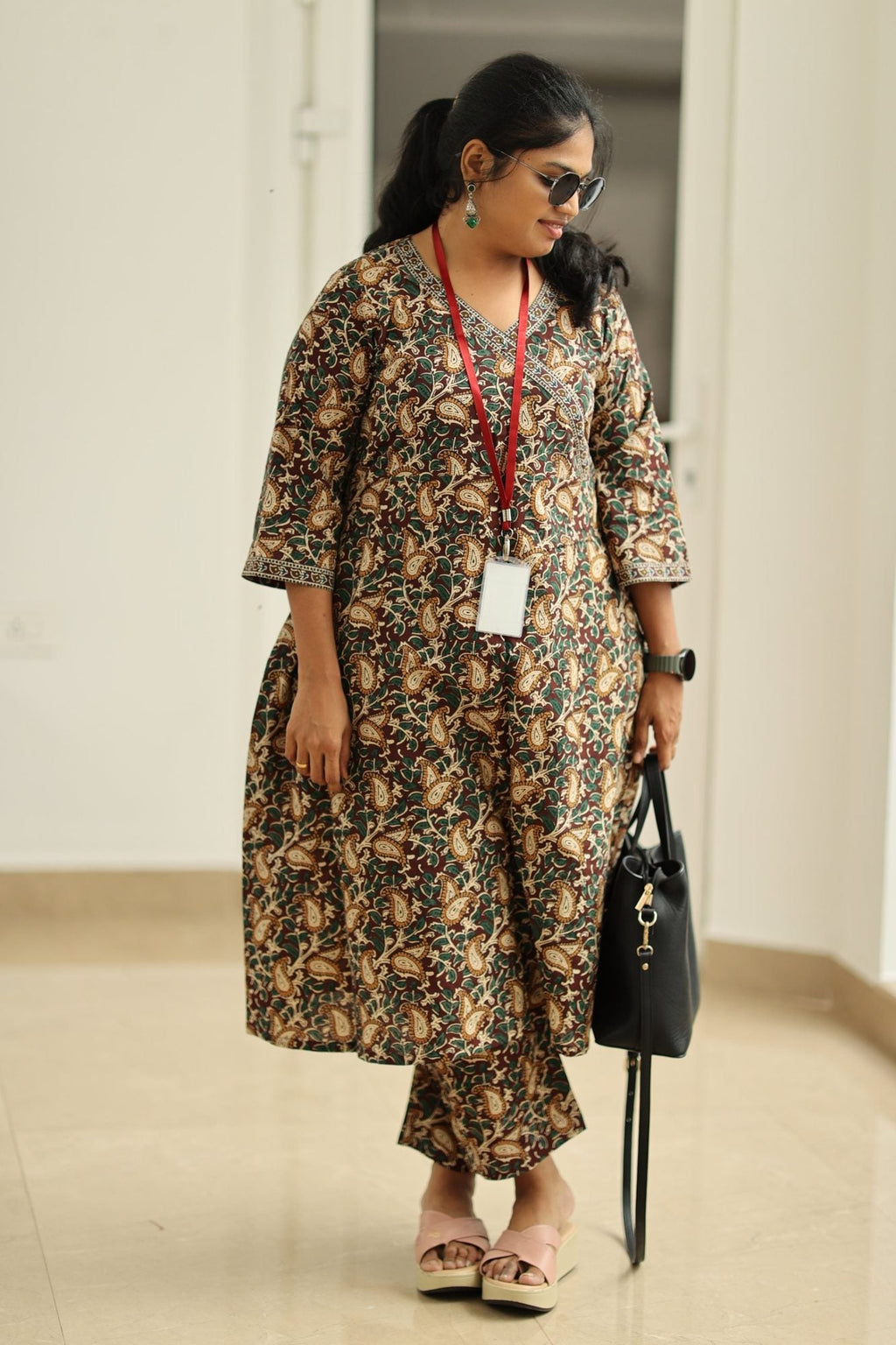 Coffee Caramel Kalamkari Angrakha 30+ Women Everyday Office Kurta (Top + Bottom) | MAGI0061