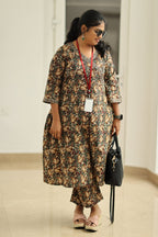 Coffee Caramel Kalamkari Angrakha 30+ Women Everyday Office Kurta (Top + Bottom) | MAGI0061