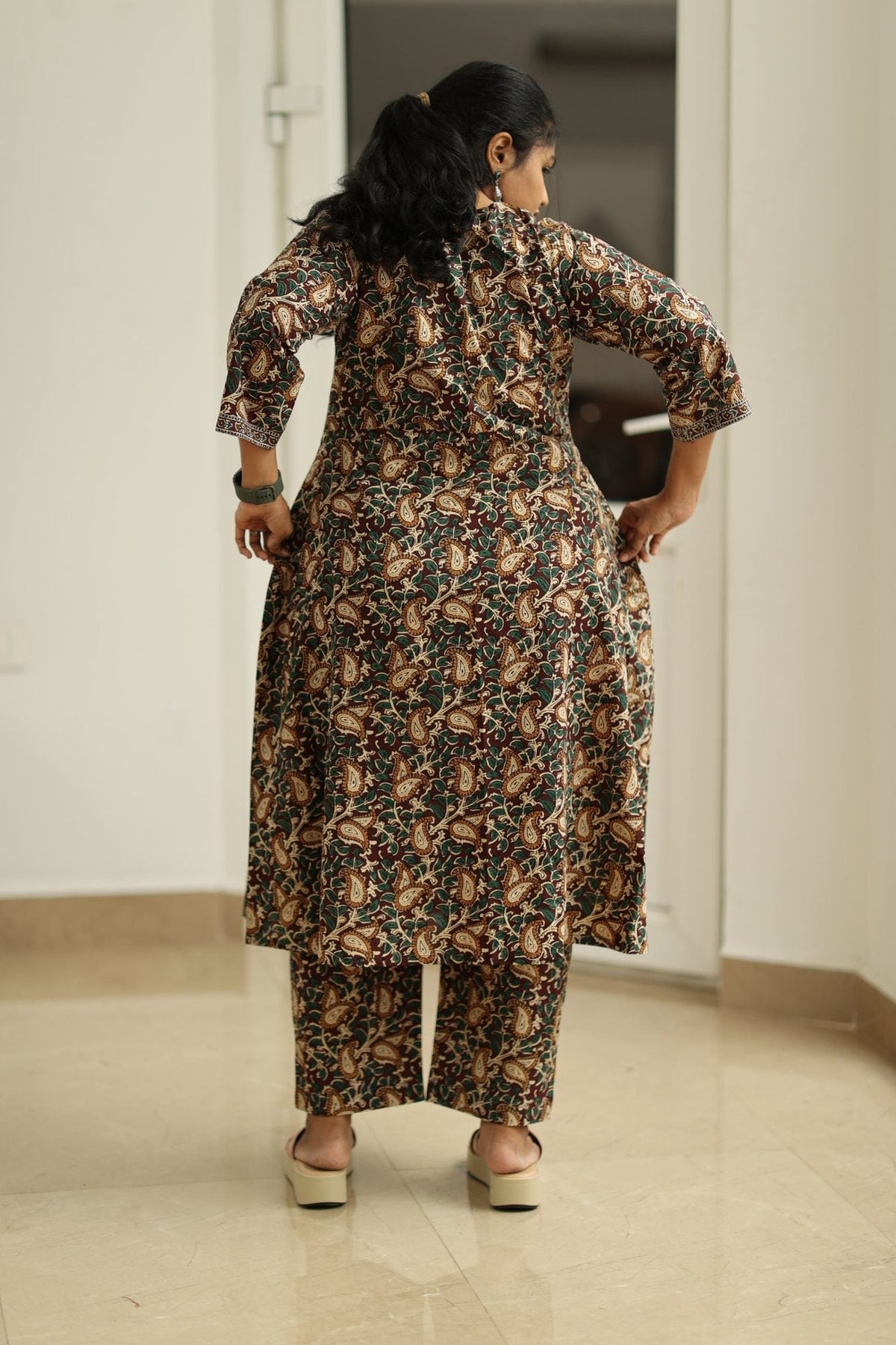 Coffee Caramel Kalamkari Angrakha 30+ Women Everyday Office Kurta (Top + Bottom) | MAGI0061