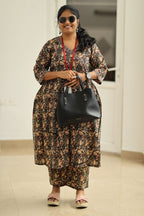 Coffee Caramel Kalamkari Angrakha 30+ Women Everyday Office Kurta (Top + Bottom) | MAGI0061