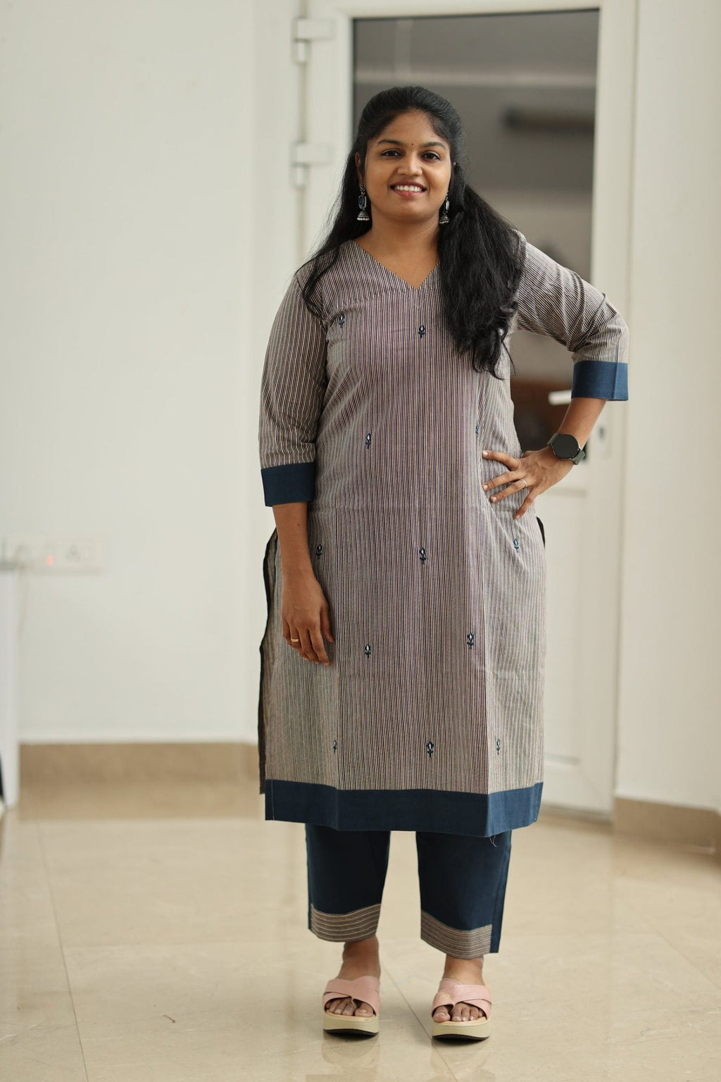 Tutti Frutti Navy Stripe 30+ Women Everyday Office Kurta (Top + Bottom) | MAGI0062