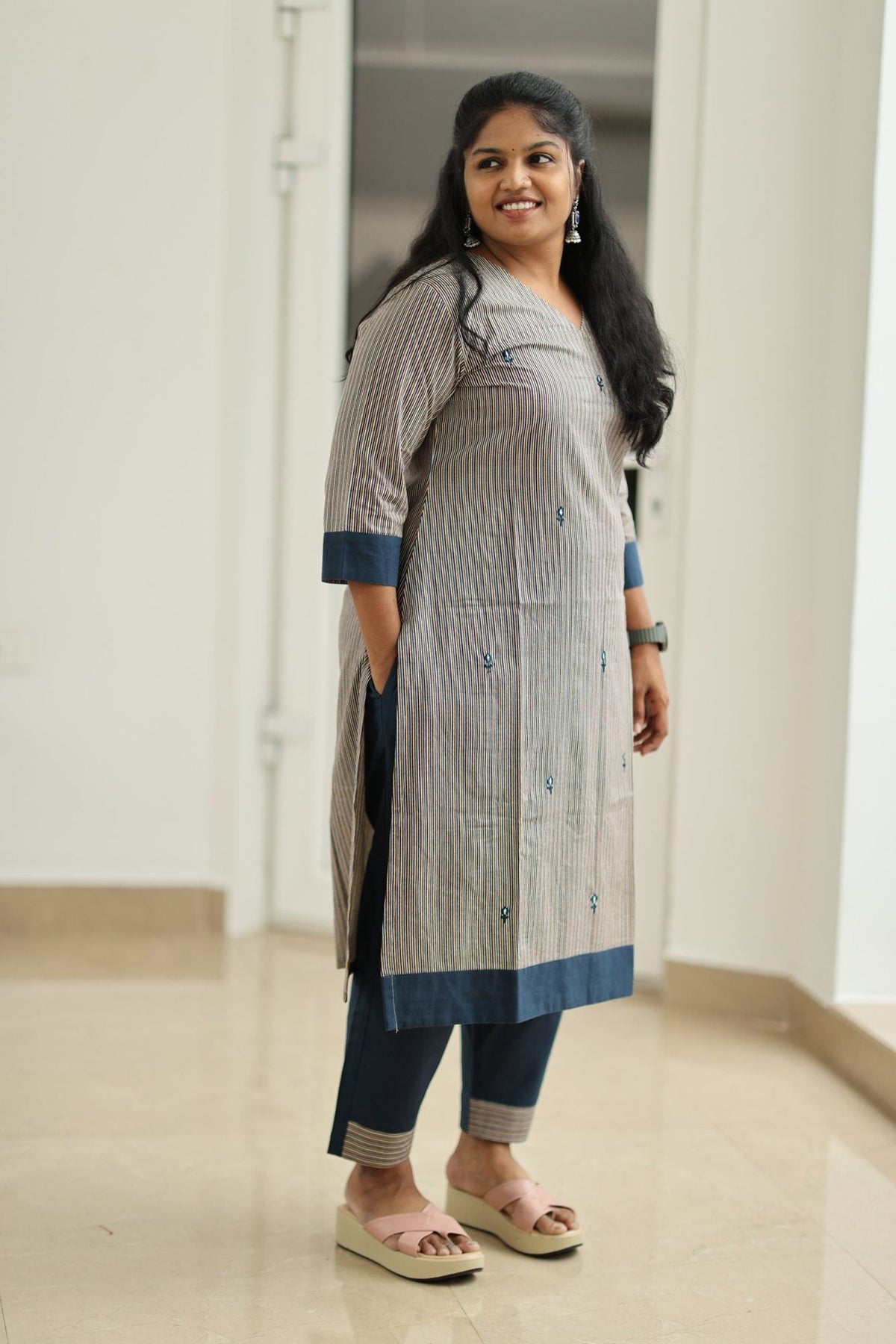 Tutti Frutti Navy Stripe 30+ Women Everyday Office Kurta (Top + Bottom) | MAGI0062