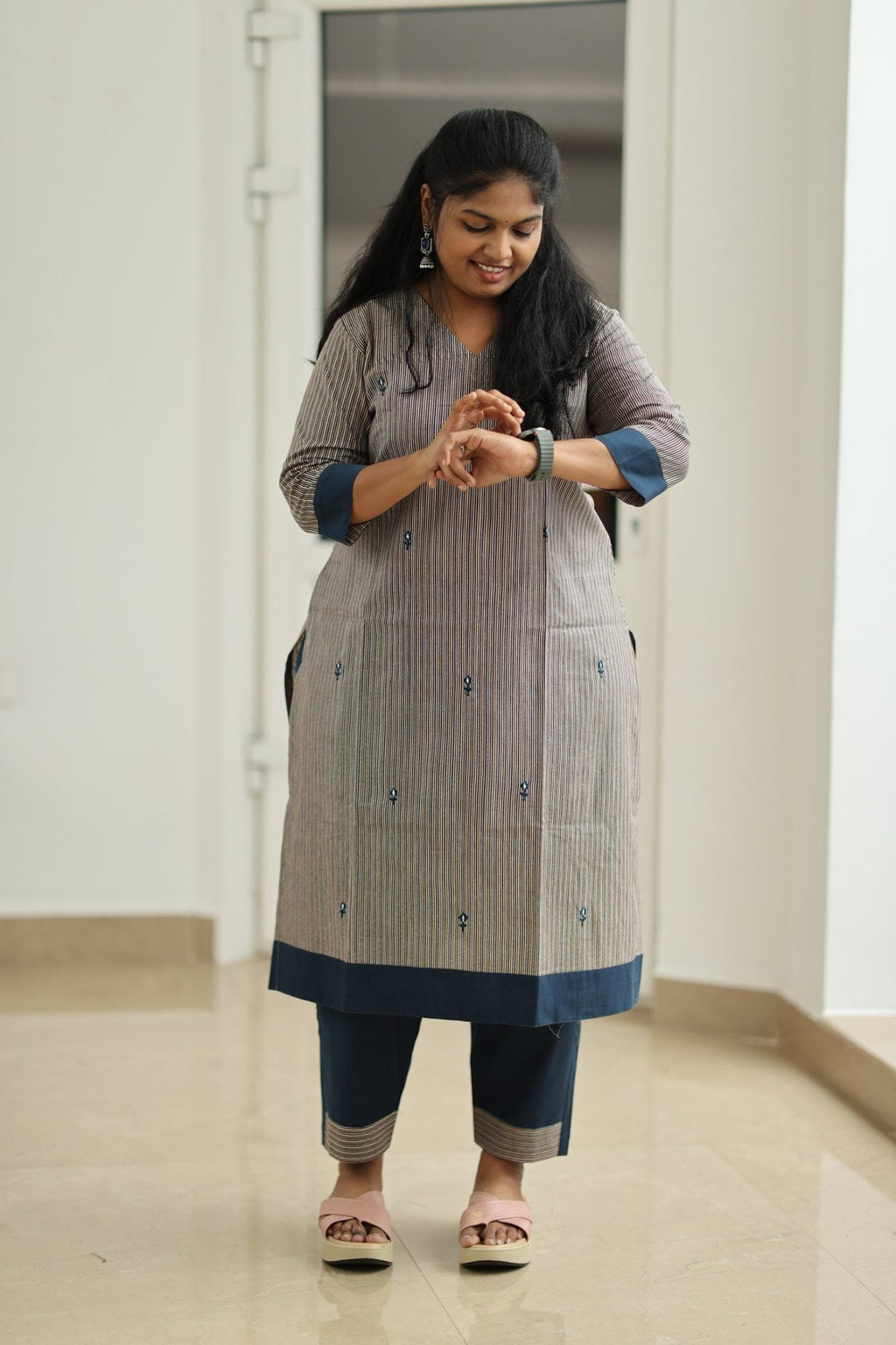 Tutti Frutti Navy Stripe 30+ Women Everyday Office Kurta (Top + Bottom) | MAGI0062