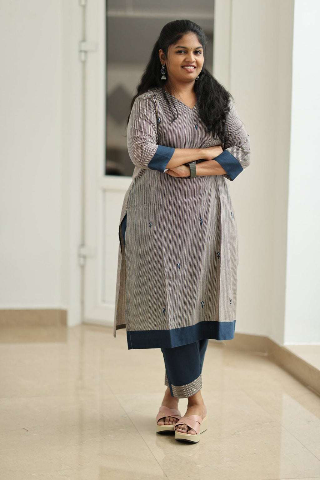 Tutti Frutti Navy Stripe 30+ Women Everyday Office Kurta (Top + Bottom) | MAGI0062