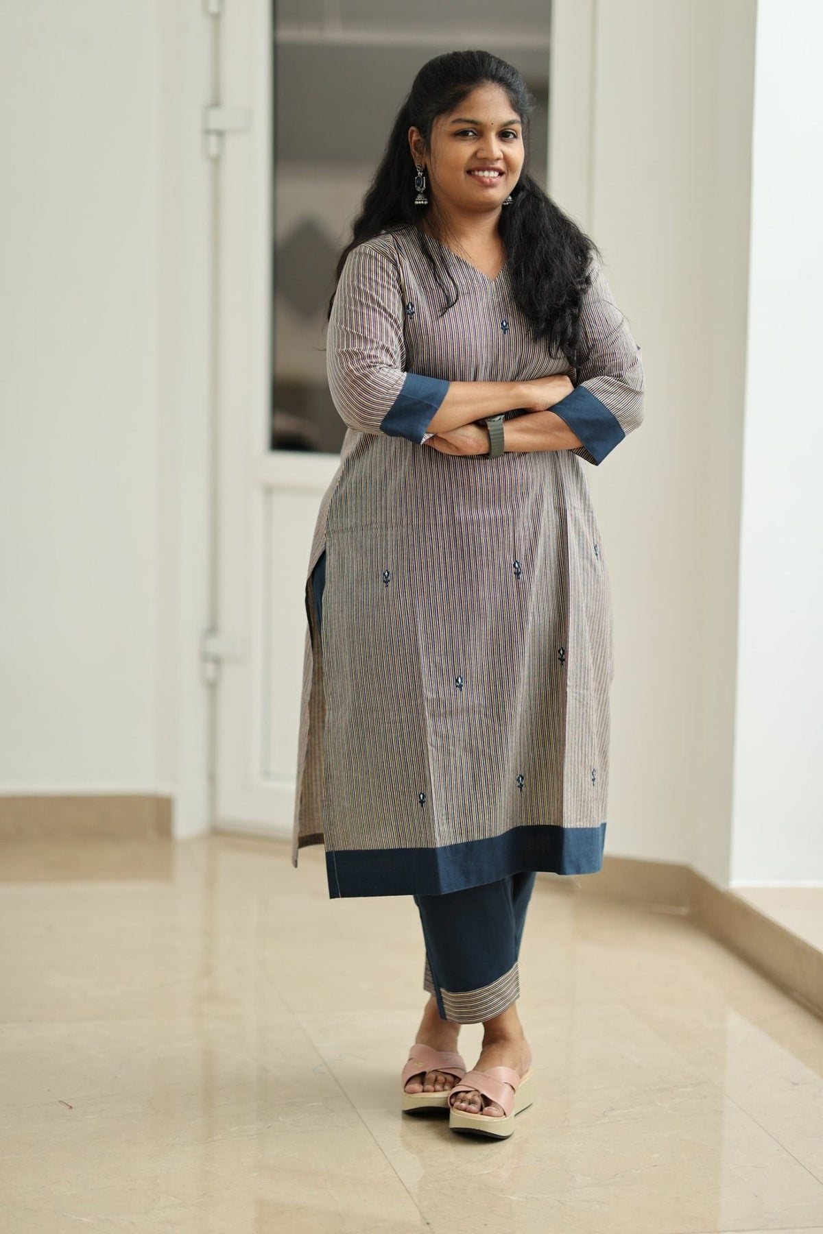 Tutti Frutti Navy Stripe 30+ Women Everyday Office Kurta (Top + Bottom) | MAGI0062