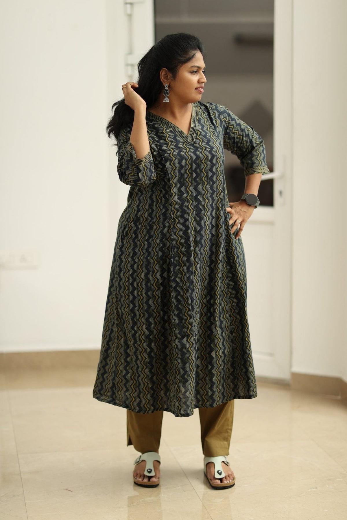 Blackcurrant Mustard Zigzag 30+ Women Everyday Office Kurta (Top + Bottom) | MAGI0063