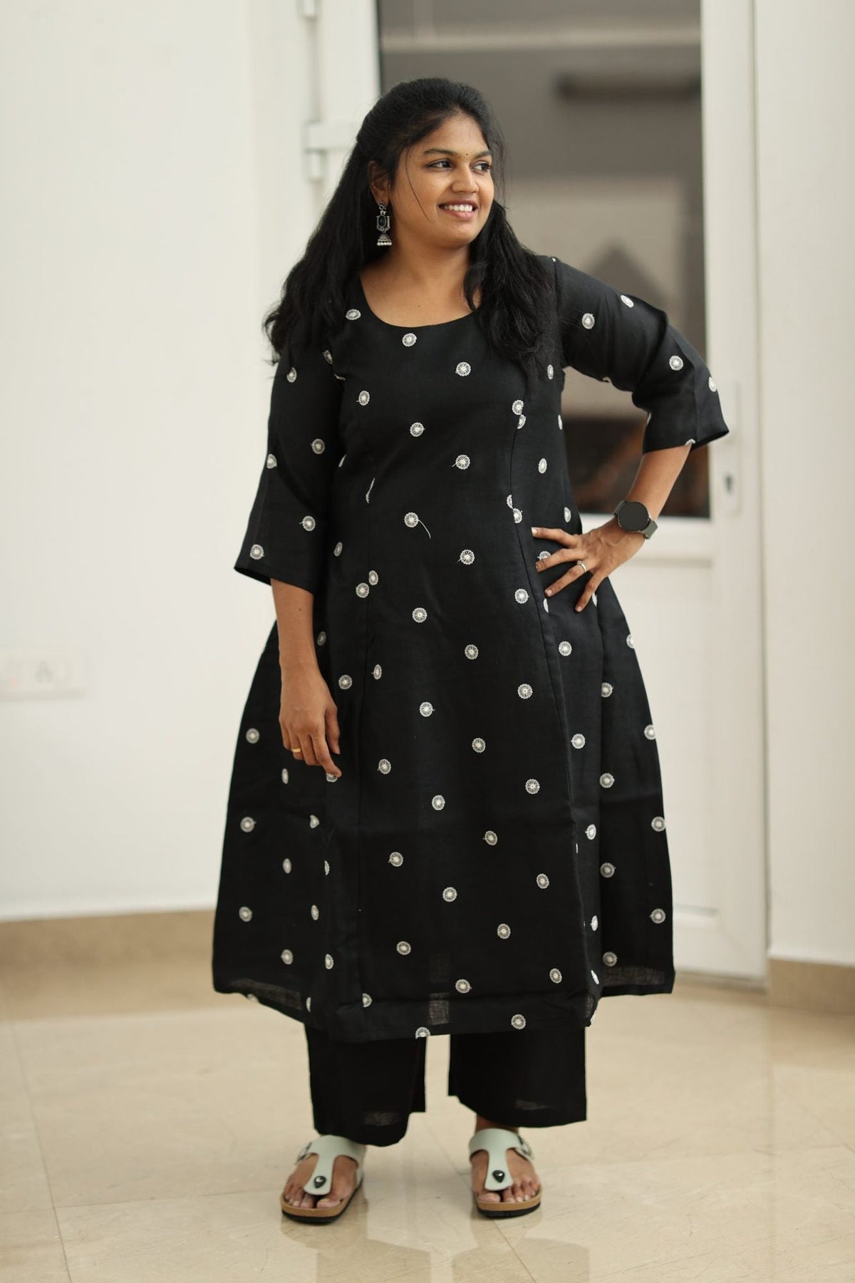 Oreo Cream Flower Embroidery 30+ Women Everyday Office Kurta (Top + Bottom) | MAGI0064