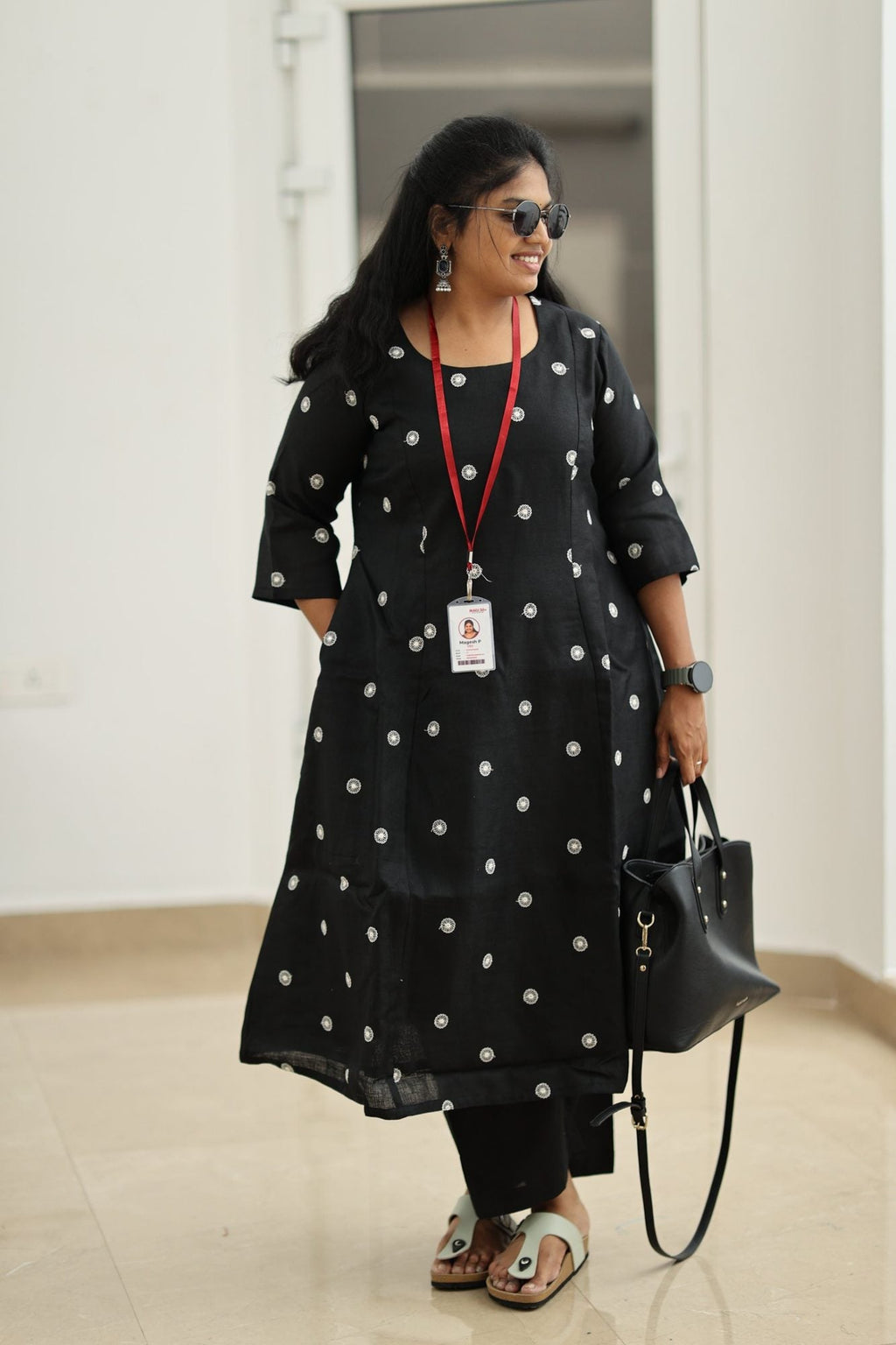Oreo Cream Flower Embroidery 30+ Women Everyday Office Kurta (Top + Bottom) | MAGI0064