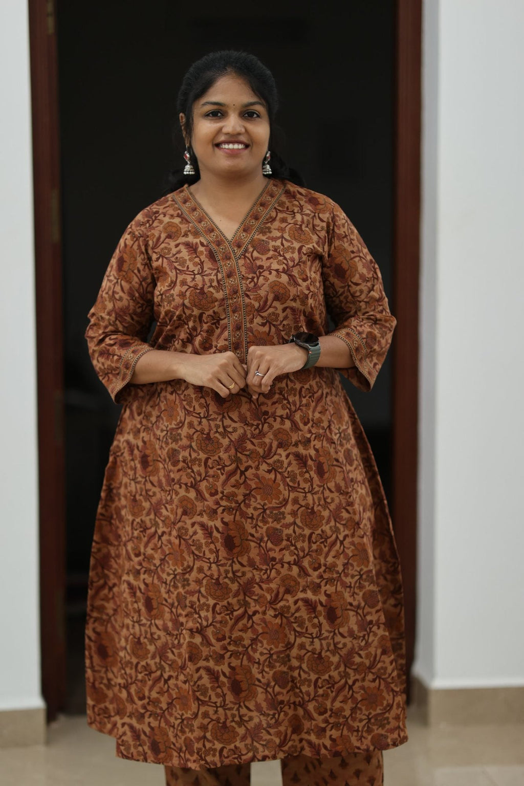 Cinnamon Toffee Kalamkari Floral 30+ Women Everyday Office Kurta (Top + Bottom) | MAGI0066