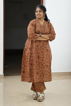 Cinnamon Toffee Kalamkari Floral 30+ Women Everyday Office Kurta (Top + Bottom) | MAGI0066