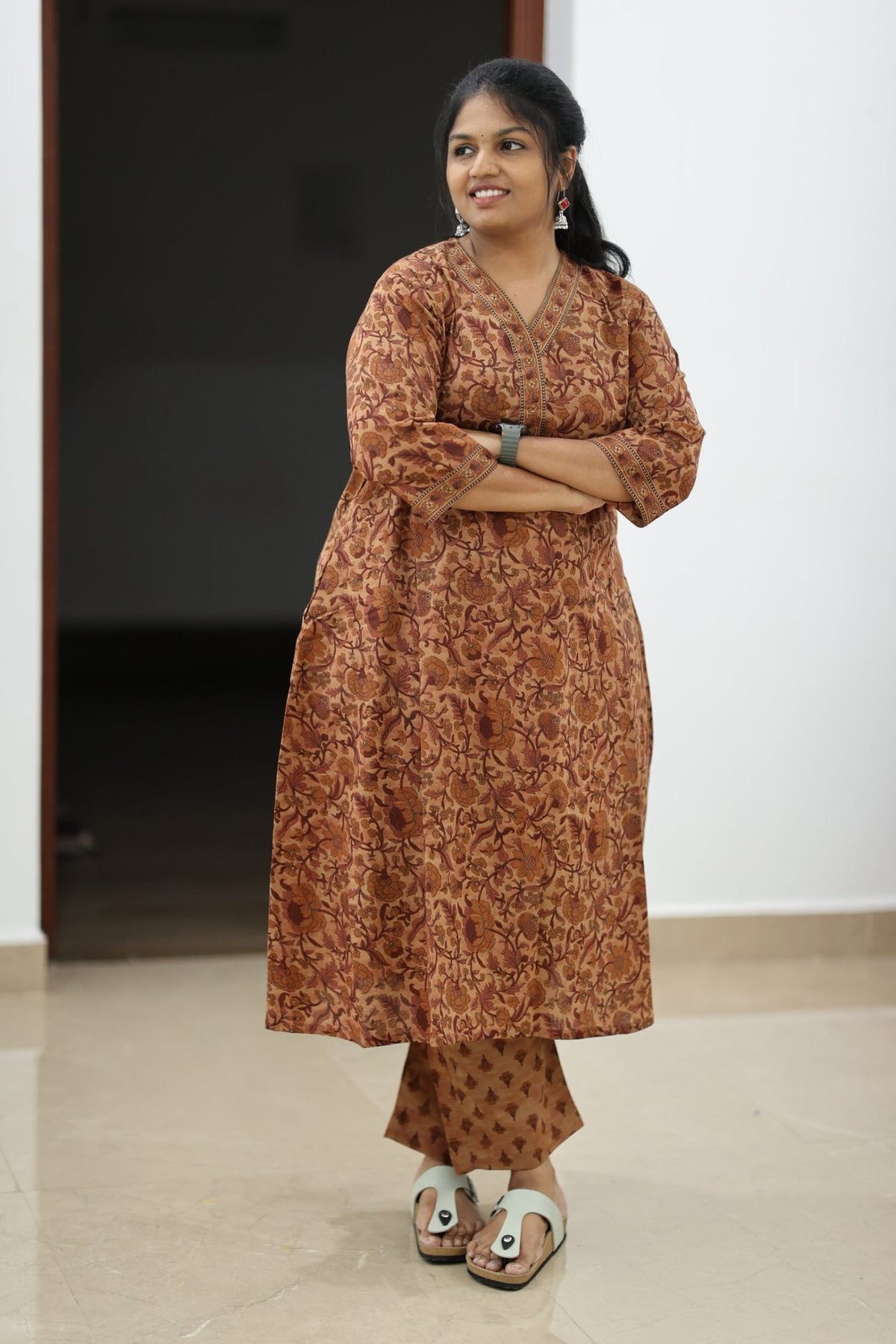 Cinnamon Toffee Kalamkari Floral 30+ Women Everyday Office Kurta (Top + Bottom) | MAGI0066
