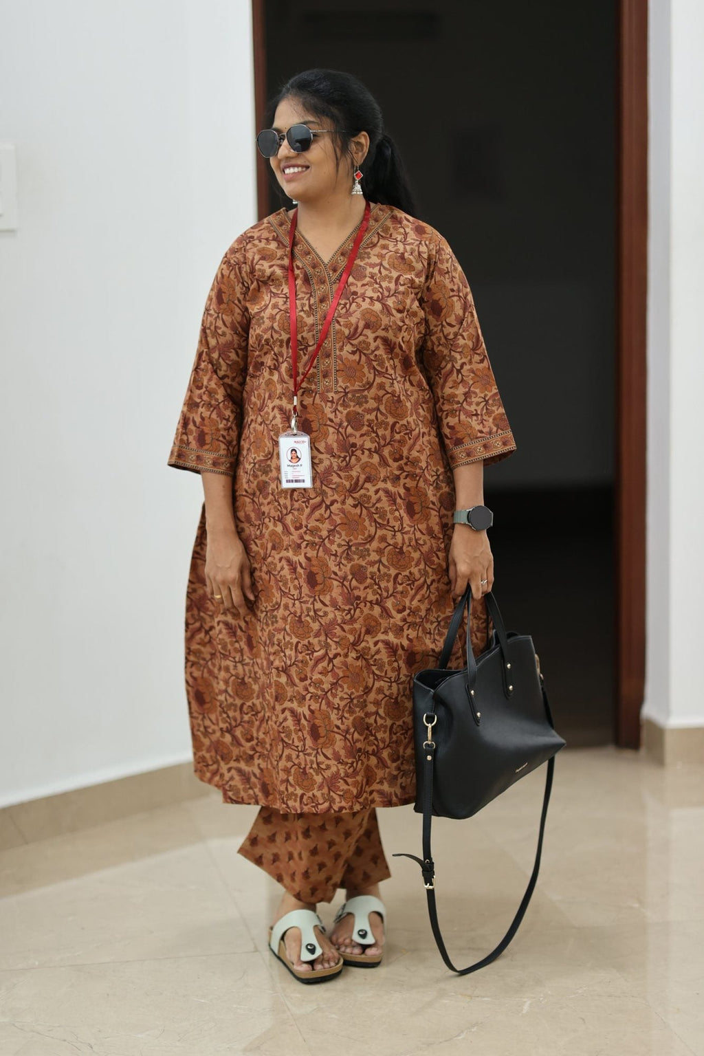 Cinnamon Toffee Kalamkari Floral 30+ Women Everyday Office Kurta (Top + Bottom) | MAGI0066