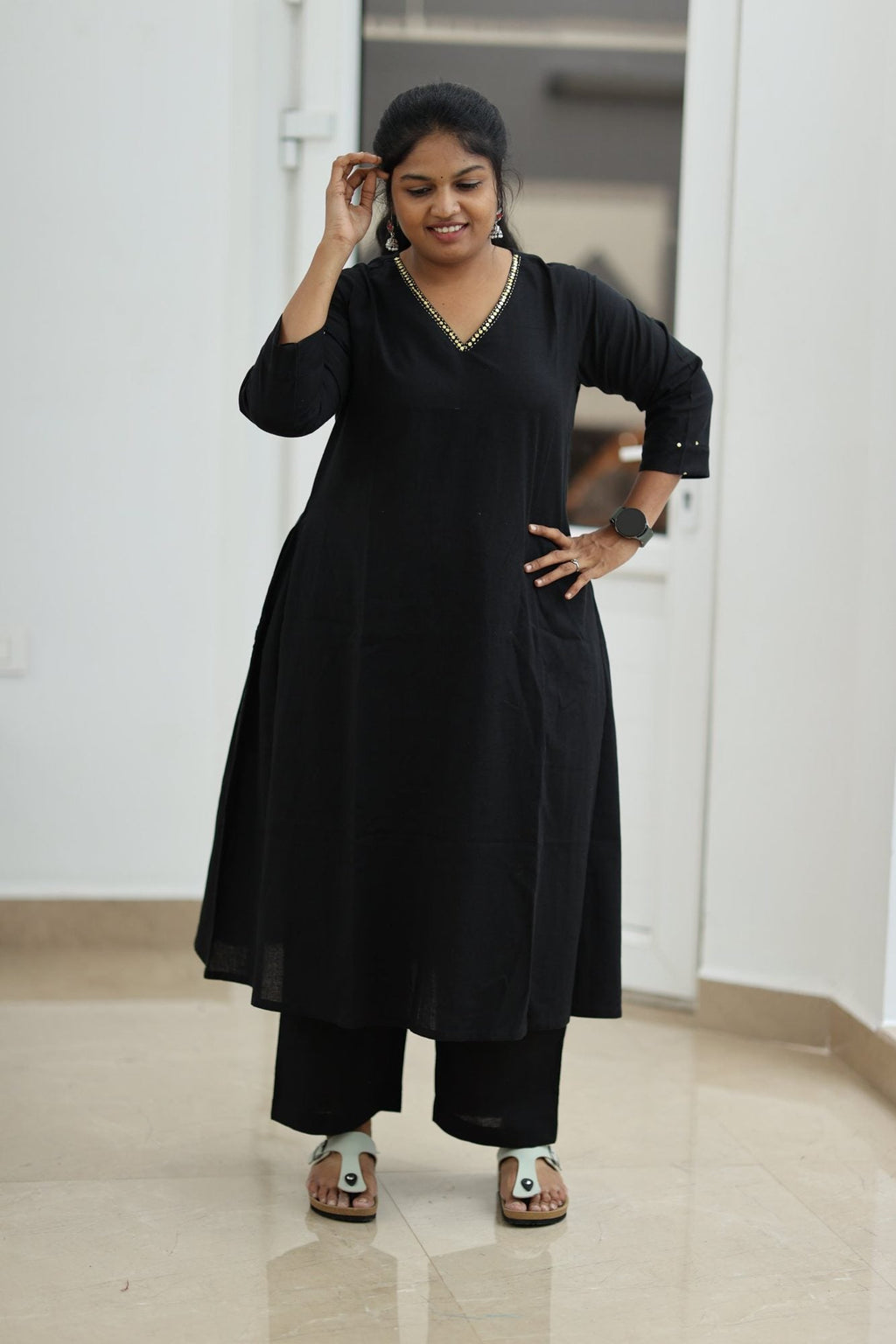 Black Coffee Gold Sequin Neck 30+ Women Everyday Office Kurta (Top + Bottom) | MAGI0067