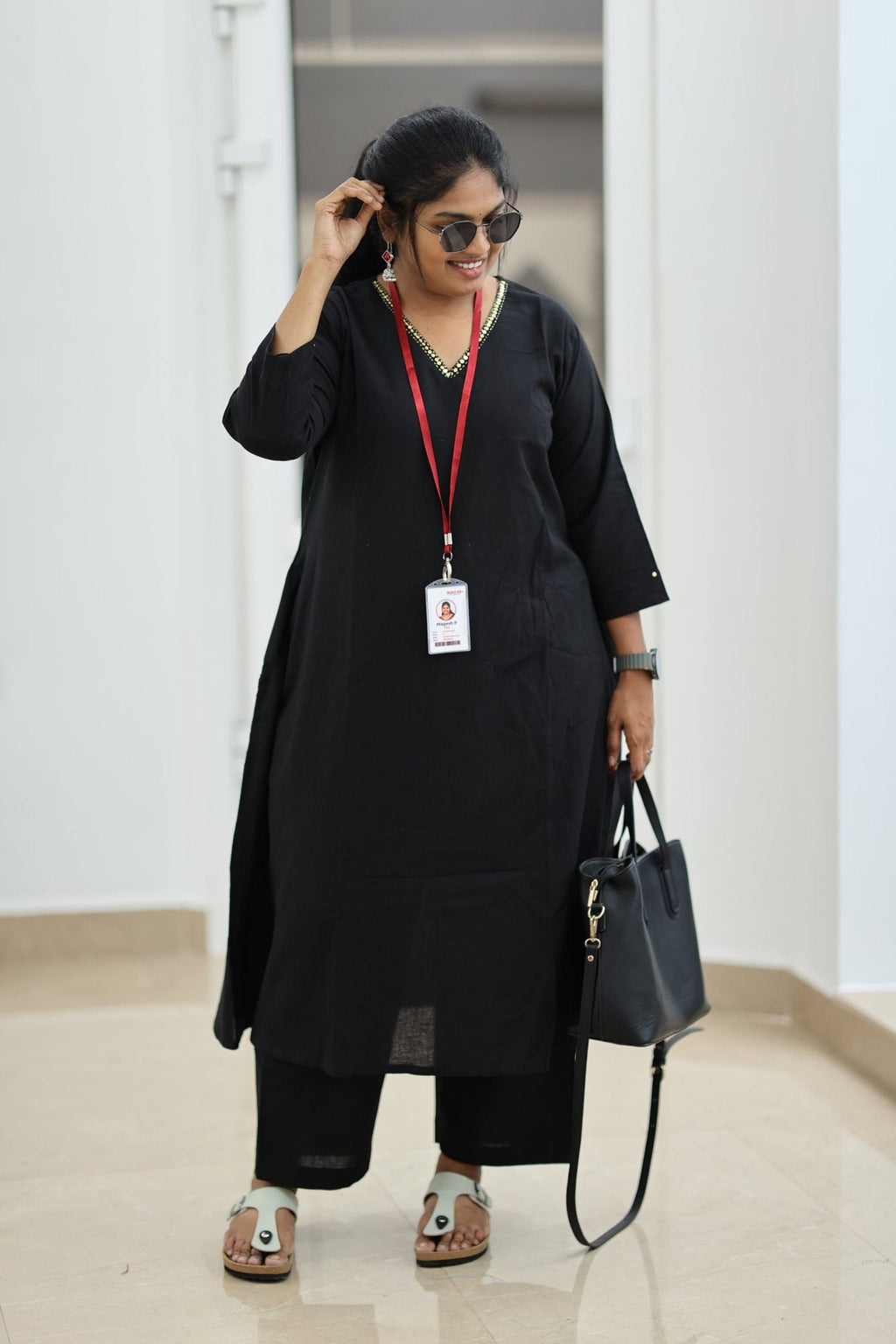 Black Coffee Gold Sequin Neck 30+ Women Everyday Office Kurta (Top + Bottom) | MAGI0067
