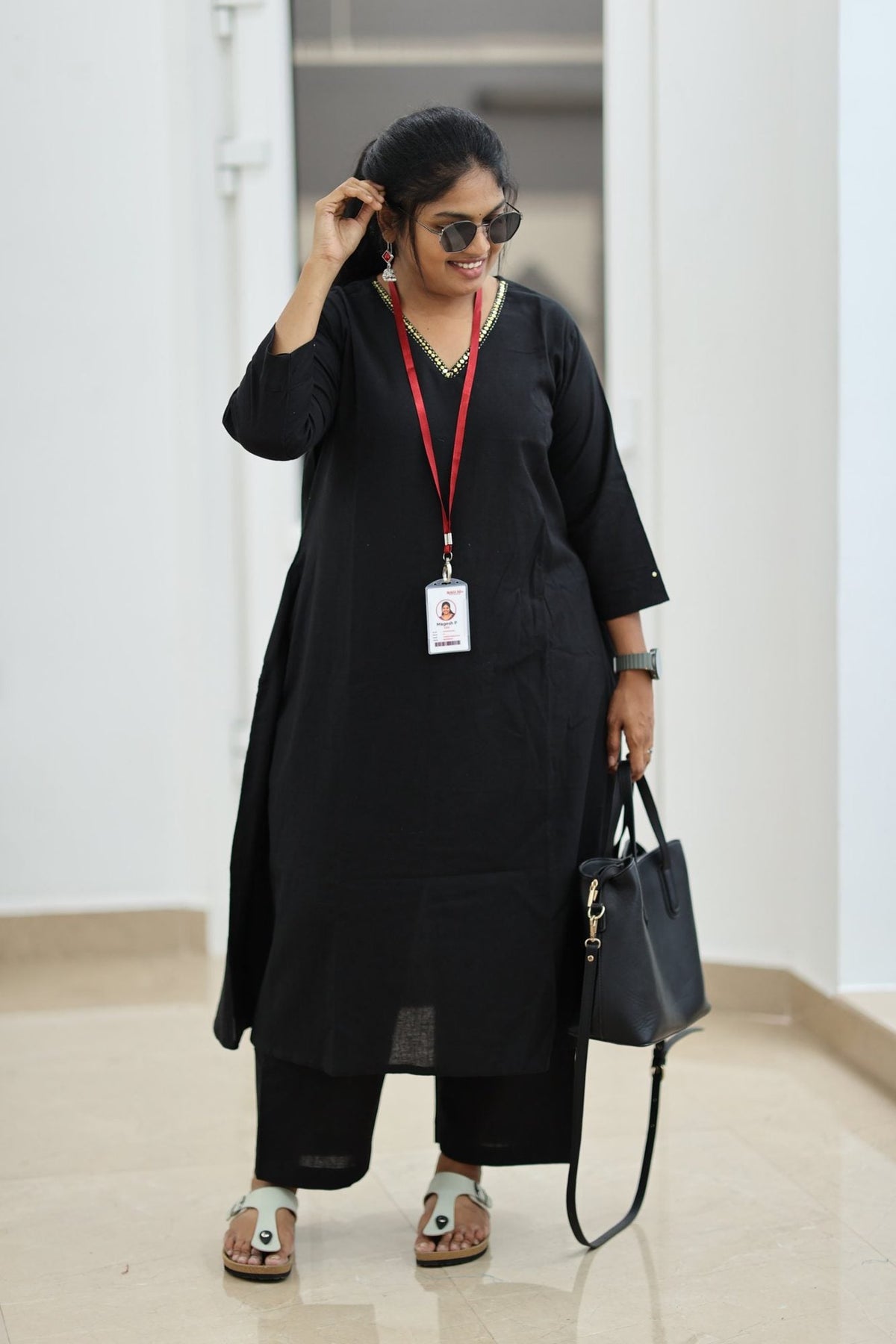 Black Coffee Gold Sequin Neck 30+ Women Everyday Office Kurta (Top + Bottom) | MAGI0067
